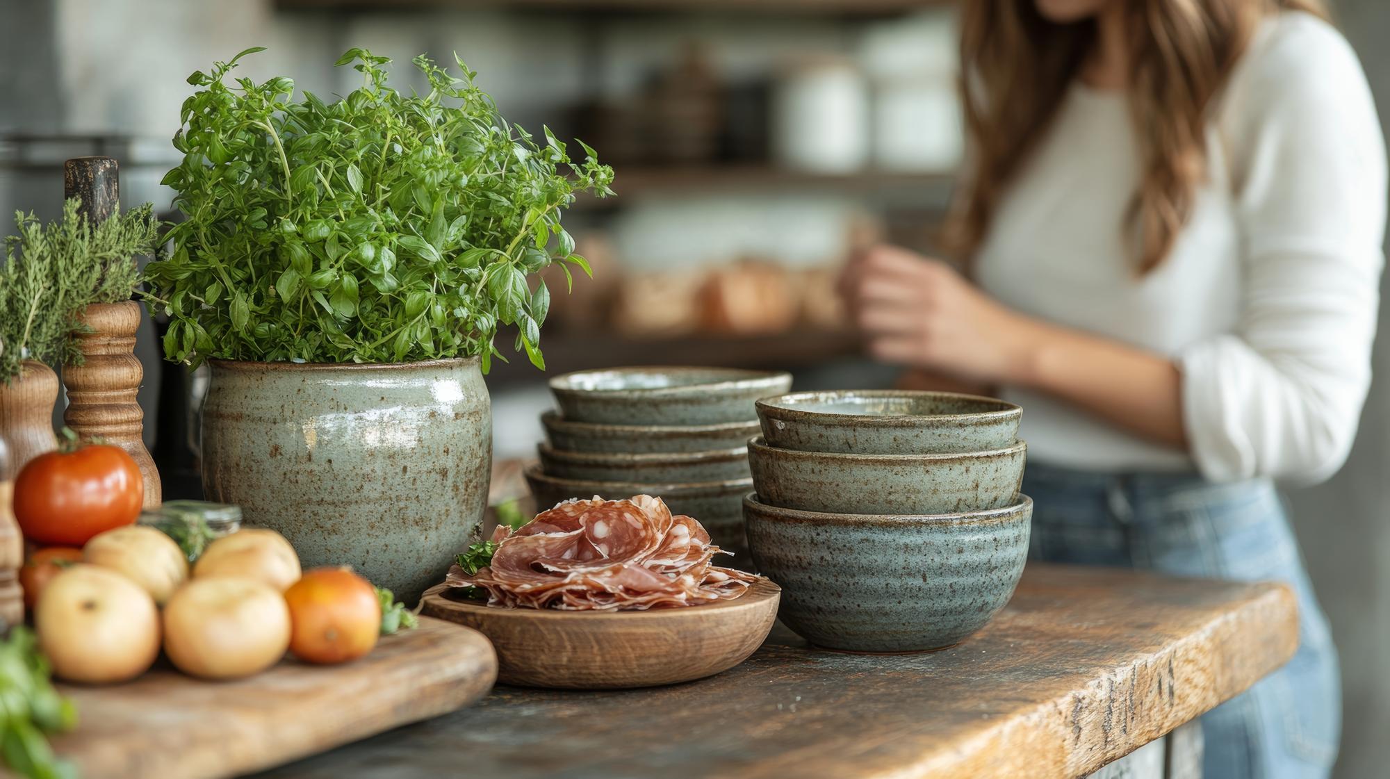 Small kitchen studio with bowls and herbs